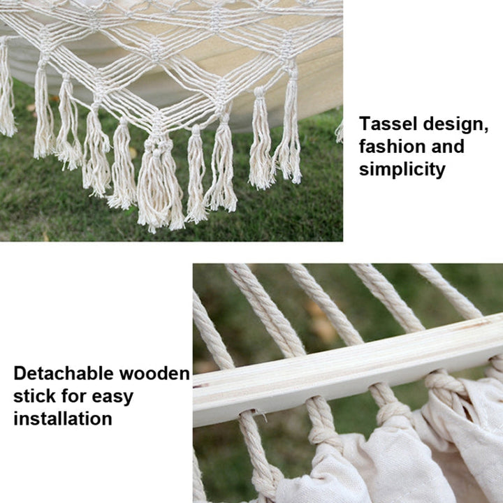 Kalsten | 200x150cm Double Outdoor Camping Tassel Canvas Hammock with Rod (Pink Stripes)