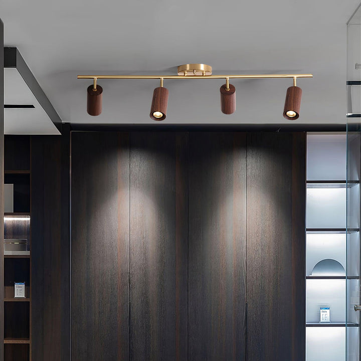 Track Light Walnut Wood Adjustable 31.4 in Multi-Head Ceiling Fixture Gold Finish Living Room Kitchen Hallway Lighting | Kalsten