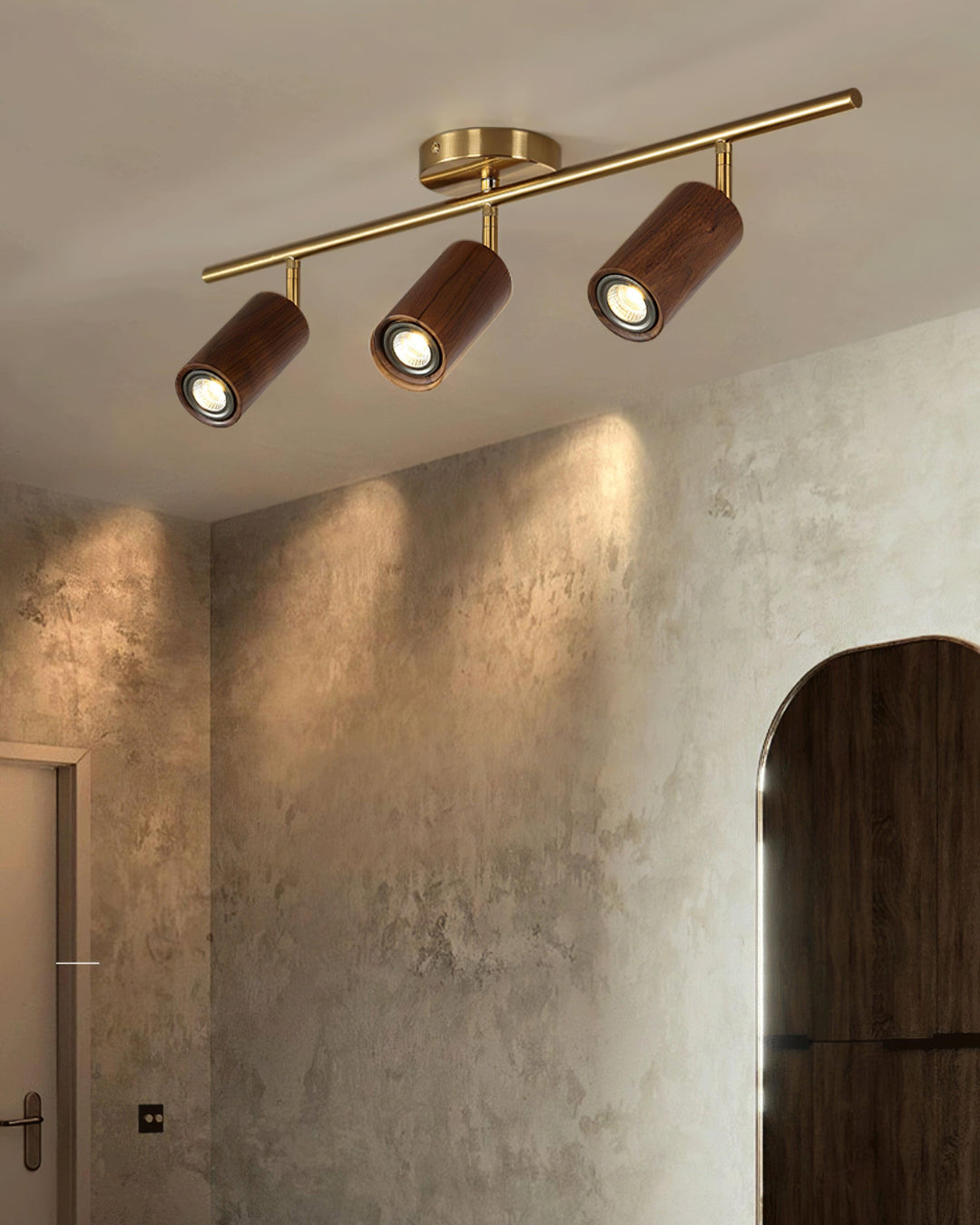 Track Light Walnut Wood Adjustable 31.4 in Multi-Head Ceiling Fixture Gold Finish Living Room Kitchen Hallway Lighting | Kalsten