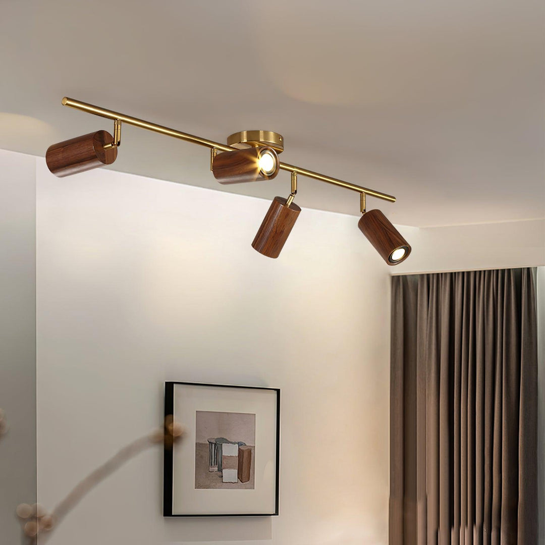 Track Light Walnut Wood Adjustable 31.4 in Multi-Head Ceiling Fixture Gold Finish Living Room Kitchen Hallway Lighting | Kalsten