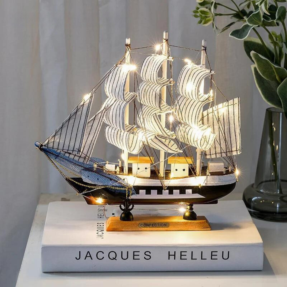 Kalsten | Royaleva Nordic Wood Sailboat Sculpture - LED illuminated decorative piece, battery-operated