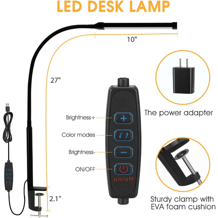 LED Desk Lamp with Lamp, eye-friendly Clip-On Lights for the Home Office, 3 Modes 10 Brightness Levels, long flexible Gooseneck, Metal, Swing Arm Architect Task Desk Lamps with USB Adapter, White | Kalsten