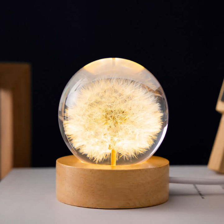 LED Night Light Flower Crystal Ball Children Night Lamp With Woodern Base Bedroom Ambient Light Creative Gift Night Light | Kalsten