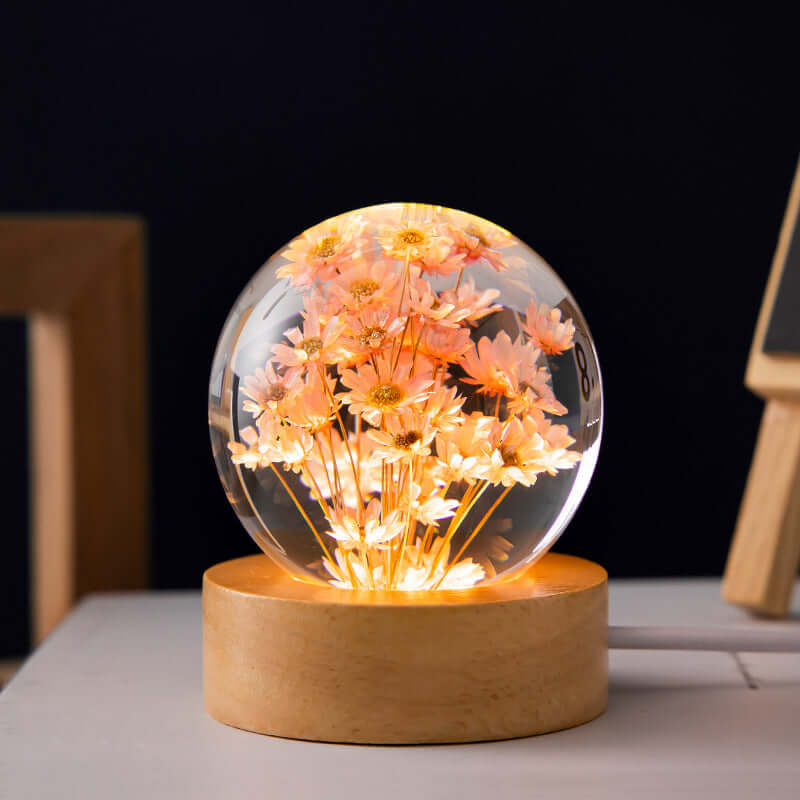 LED Night Light Flower Crystal Ball Children Night Lamp With Woodern Base Bedroom Ambient Light Creative Gift Night Light | Kalsten