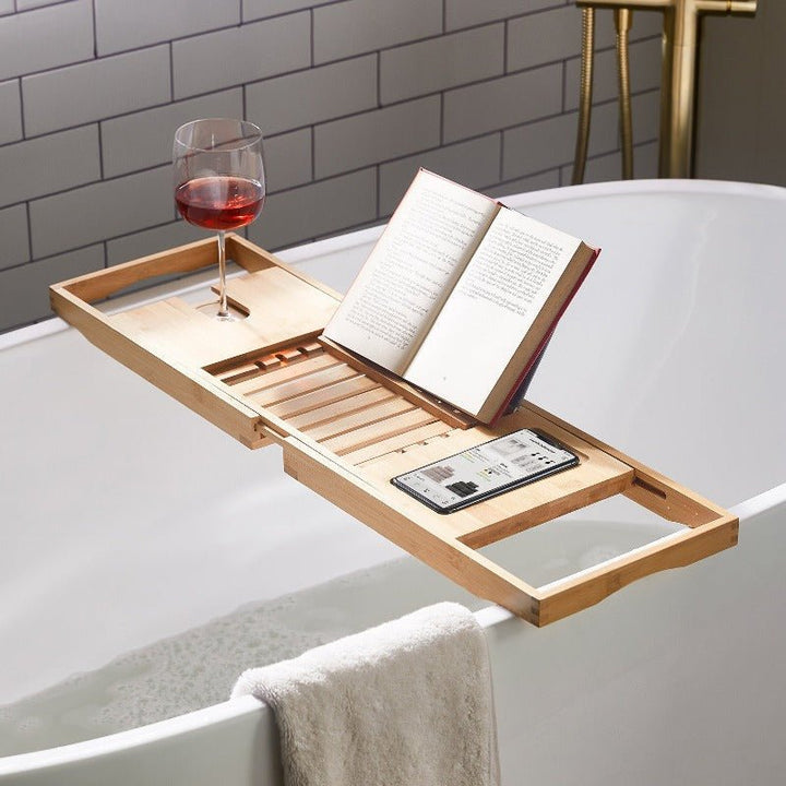 Kalsten | Aurevo Bamboo Bath Caddy | Extendable luxury bathtub tray with wine glass & book holder