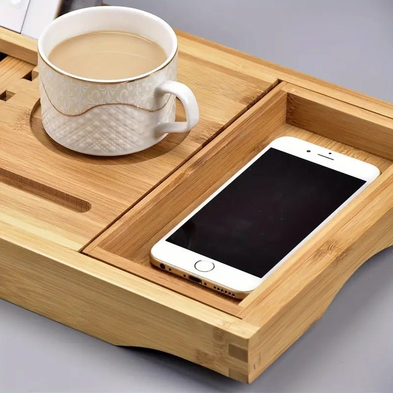 Kalsten | Aurevo Bamboo Bath Caddy | Extendable luxury bathtub tray with wine glass & book holder