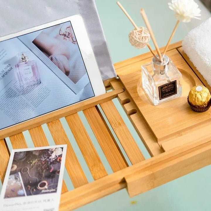 Kalsten | Aurevo Bamboo Bath Caddy | Extendable luxury bathtub tray with wine glass & book holder