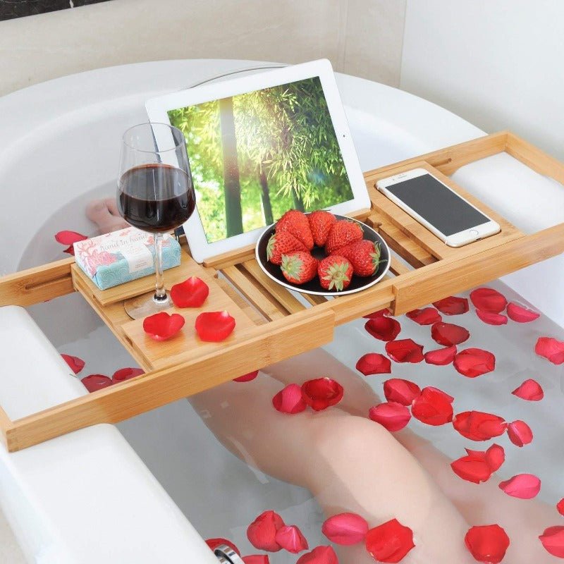 Kalsten | Aurevo Bamboo Bath Caddy | Extendable luxury bathtub tray with wine glass & book holder