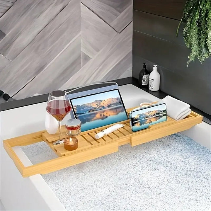 Kalsten | Aurevo Bamboo Bath Caddy | Extendable luxury bathtub tray with wine glass & book holder