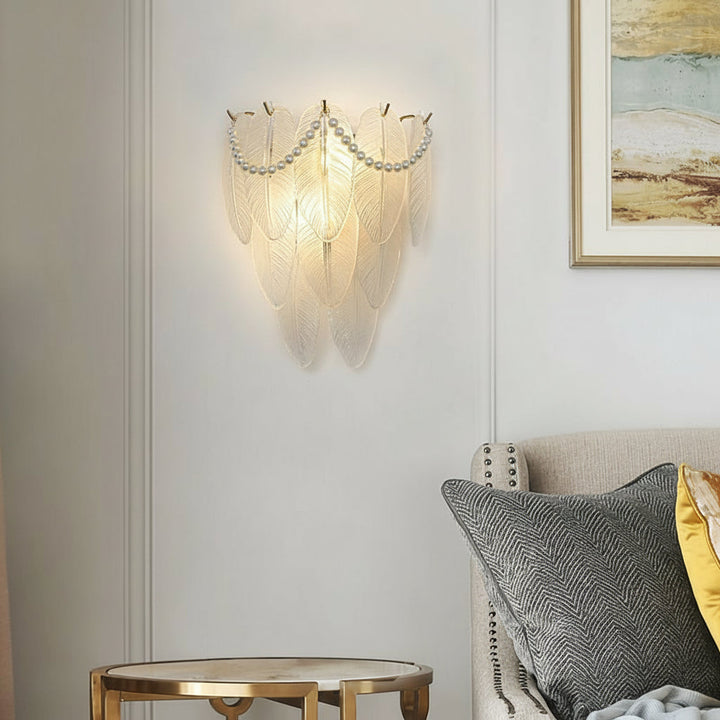 Glass Wall Sconce – French Leaf Feather Pearl Gold (E14 Dimming & 31x34cm) | Kalsten