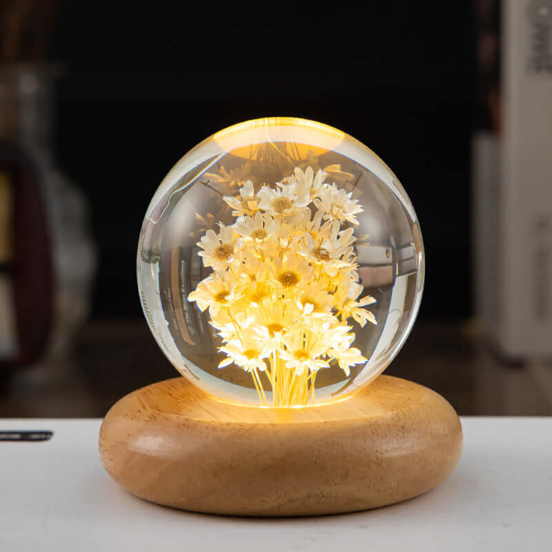 LED Night Light Flower Crystal Ball Children Night Lamp With Woodern Base Bedroom Ambient Light Creative Gift Night Light | Kalsten