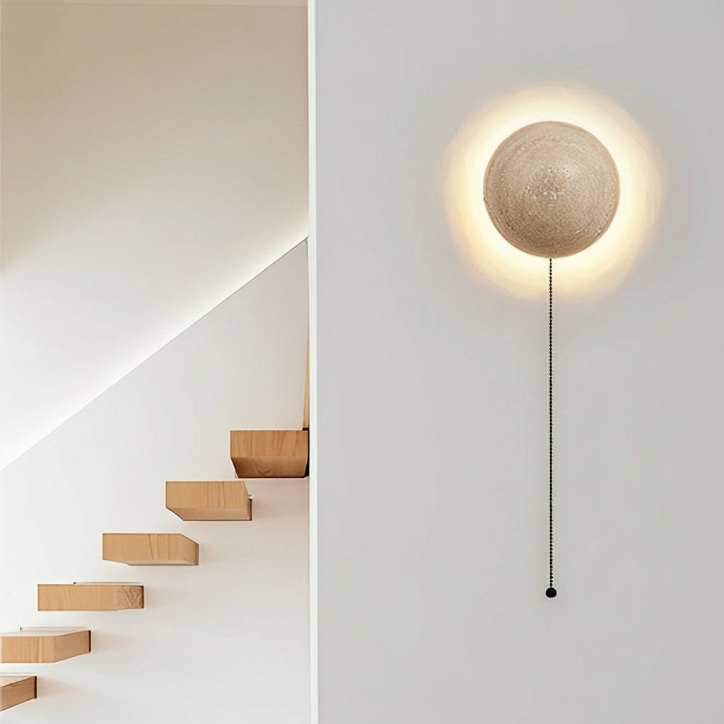 Travertine Stone Wall Sconce – Japanese Wabi-Sabi Round LED Wall Lamp (15W, Warm White) | Kalsten