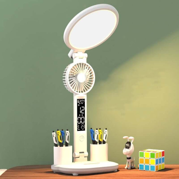 LED Clock Table Lamp USB Chargeable Dimmable Desk Lamp Plug-in LED Fan Light Foldable Eye Protection Reading Night Light | Kalsten