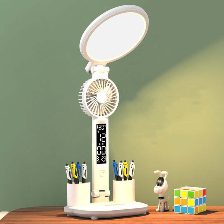 LED Clock Table Lamp USB Chargeable Dimmable Desk Lamp Plug-in LED Fan Light Foldable Eye Protection Reading Night Light | Kalsten