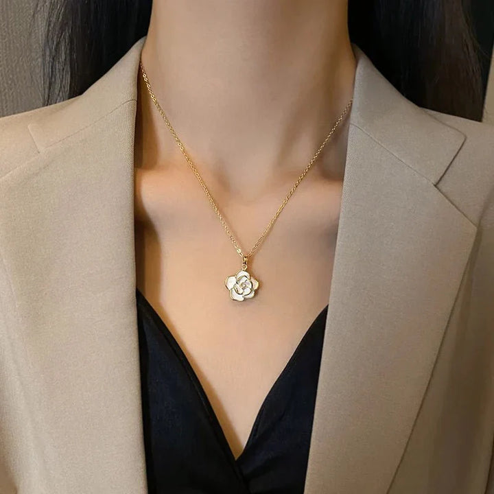 Kalsten | Dainty Blanc Camellia Floral Necklace, Earrings, Ring Jewelry