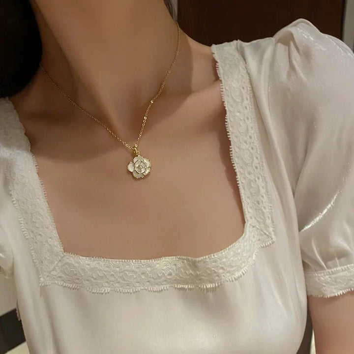 Kalsten | Dainty Blanc Camellia Floral Necklace, Earrings, Ring Jewelry