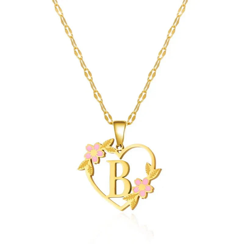 Kalsten | Dainty Floral Accented Heart Letter Initial Necklace