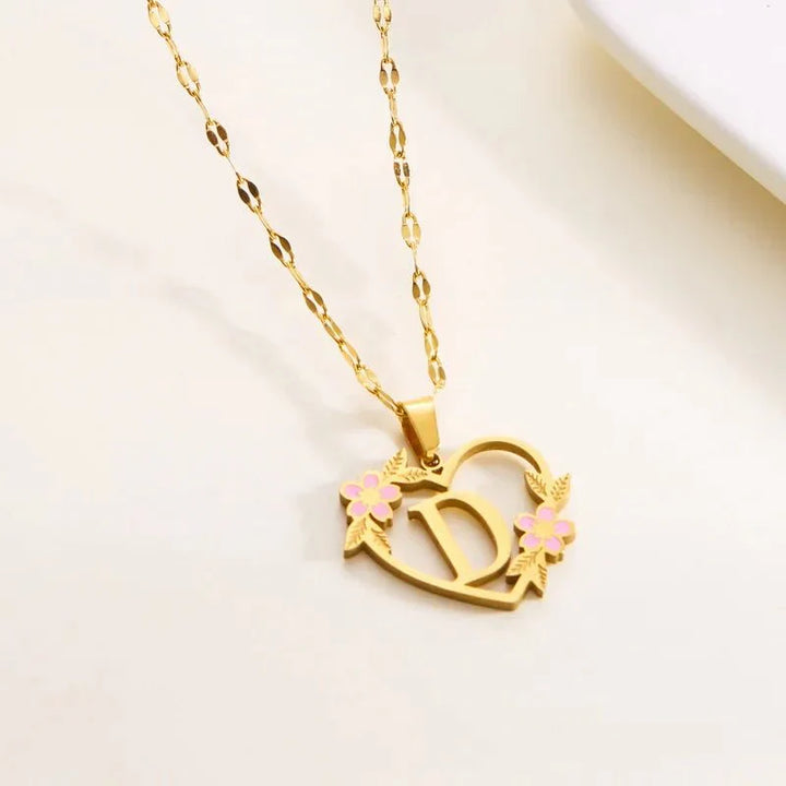 Kalsten | Dainty Floral Accented Heart Letter Initial Necklace