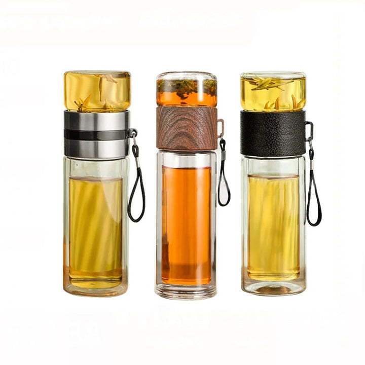 Thermal bottle with tea filter – Glass & Wood – Double-walled – 500 ml – ClearTherm | Kalsten