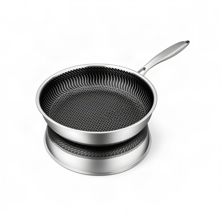 Stainless steel frying pan with glass lid