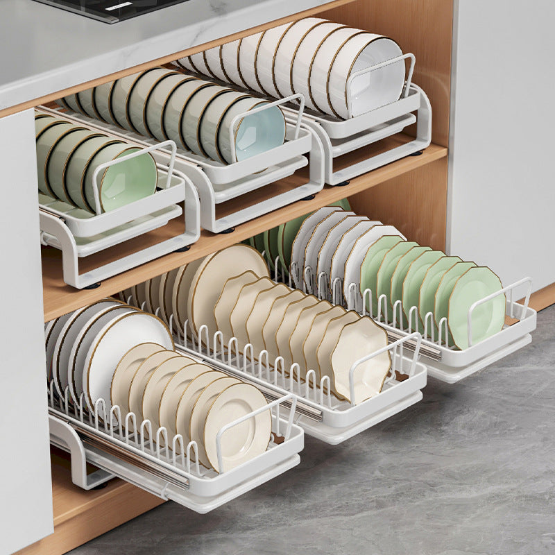 Extendable dish rack for kitchen cabinets