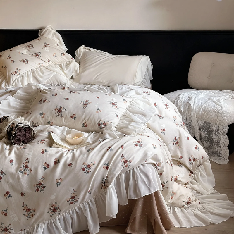 Cotton bedding set, vintage roses with lace