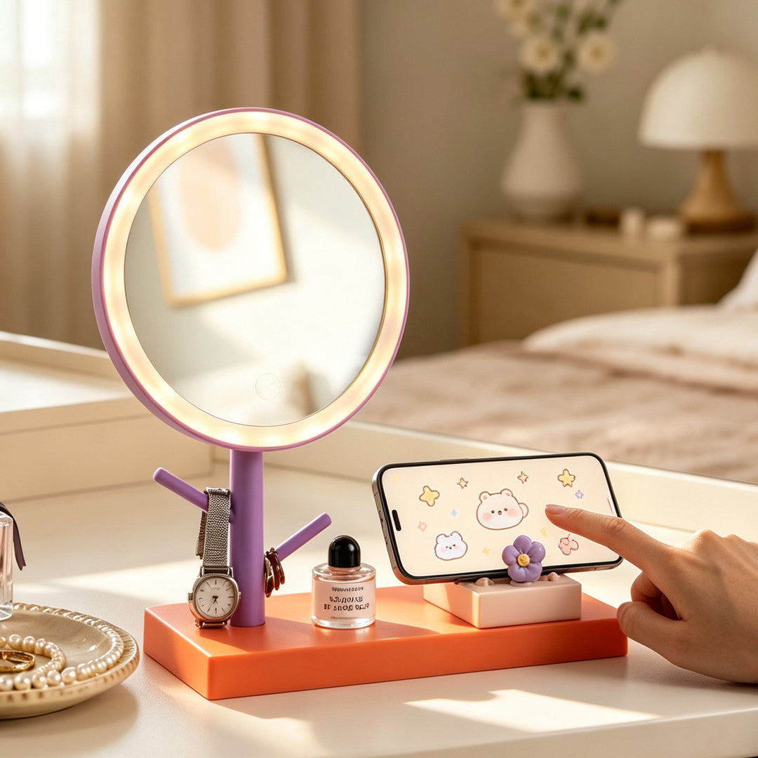 LED cosmetic mirror with phone holder