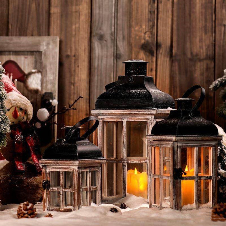 Wood lantern with metal frame, handcrafted