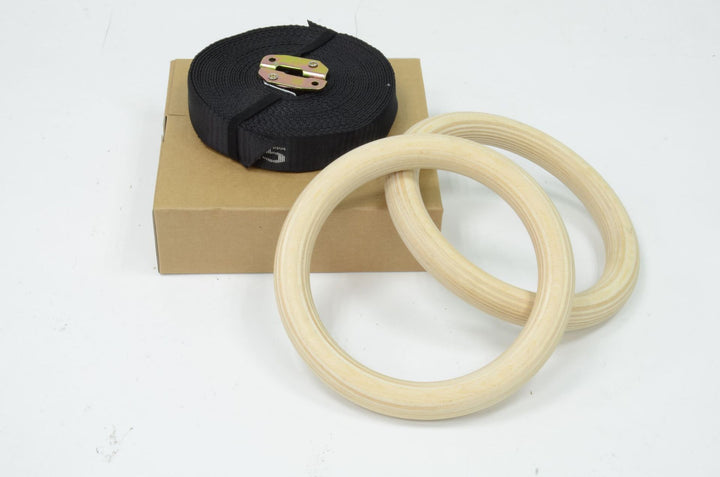 Wooden gymnastics rings with strap