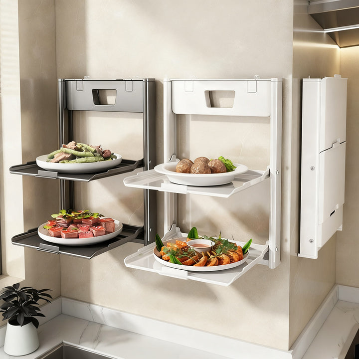 Foldable wall shelf for food preparation, aluminum
