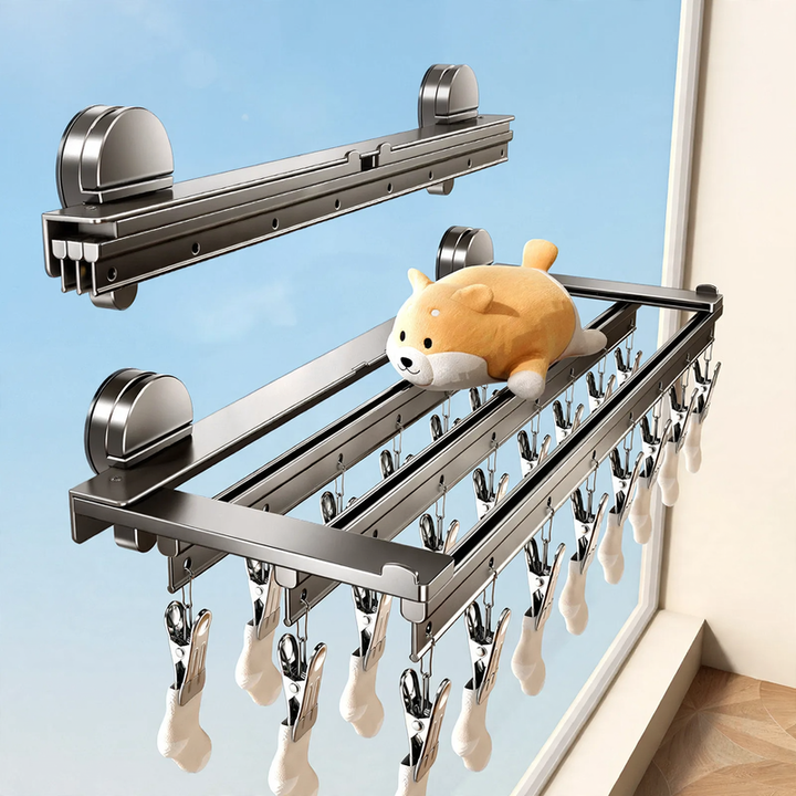 Aluminum drying rack with suction cup and clips