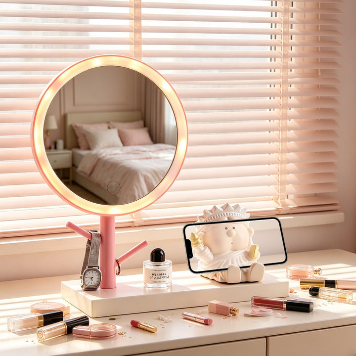 LED cosmetic mirror with phone holder