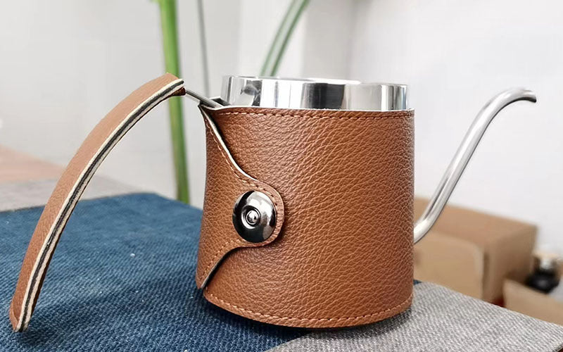 Stainless steel coffee pot with leather handle, 350–500 ml