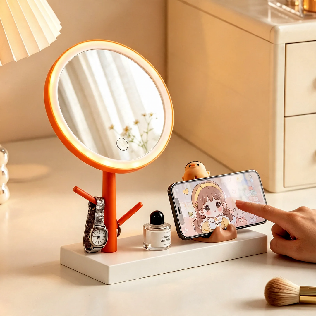 LED Make-up Mirror with Phone Holder and Jewelry Stand