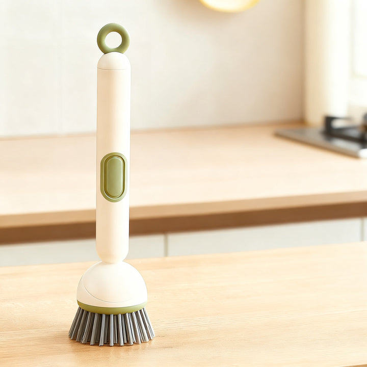 Pot brush with long handle and liquid dispenser