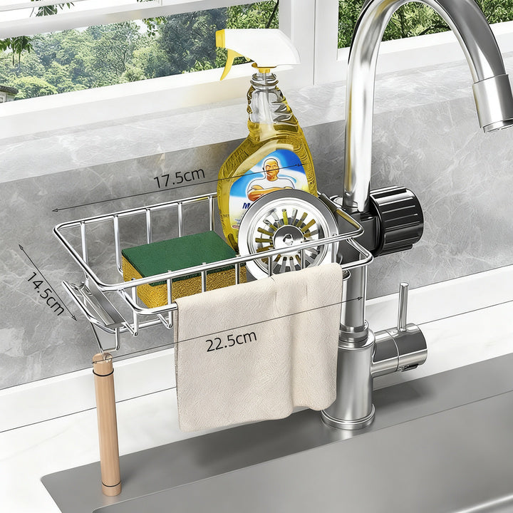 Stainless steel sink and faucet storage basket