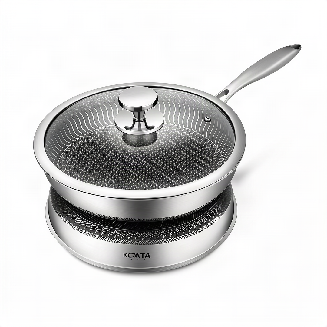 Stainless steel frying pan with glass lid