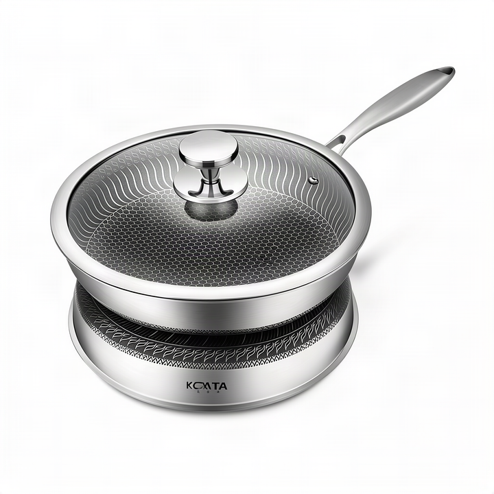 Stainless steel frying pan with glass lid