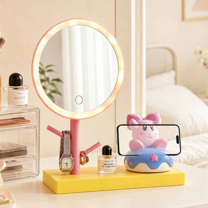 Makeup mirror with LED and phone holder