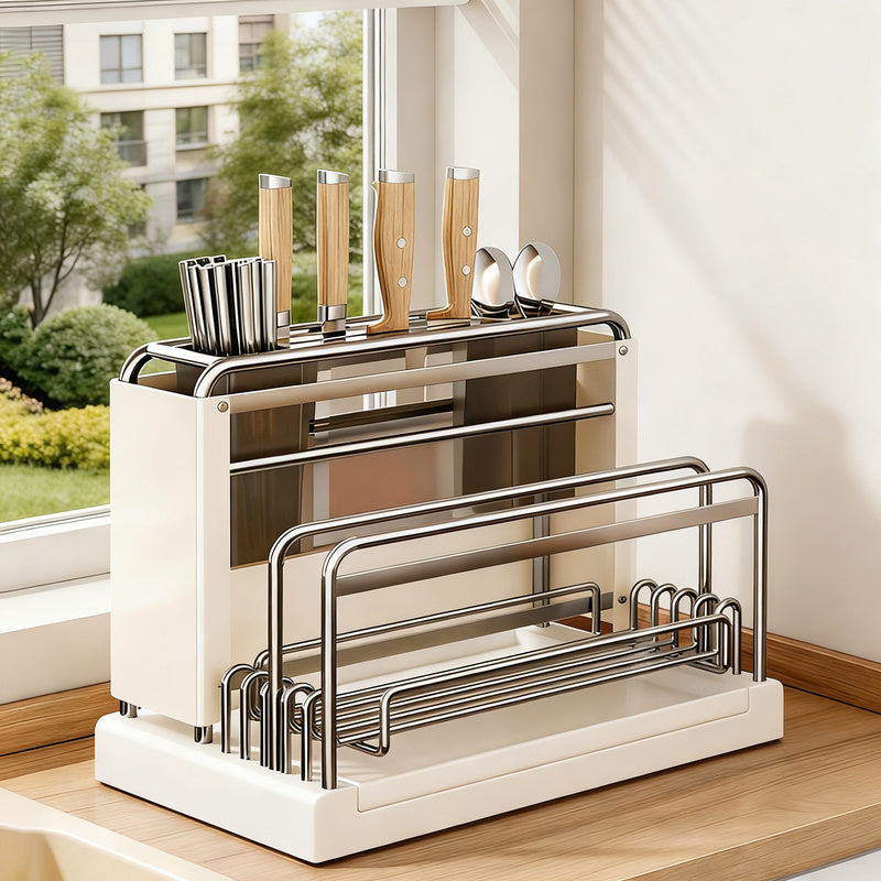 Multifunctional kitchen shelf with knife holder and draining tray