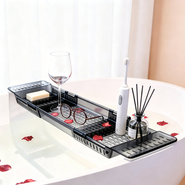 Expandable bathtubl shelf with drain