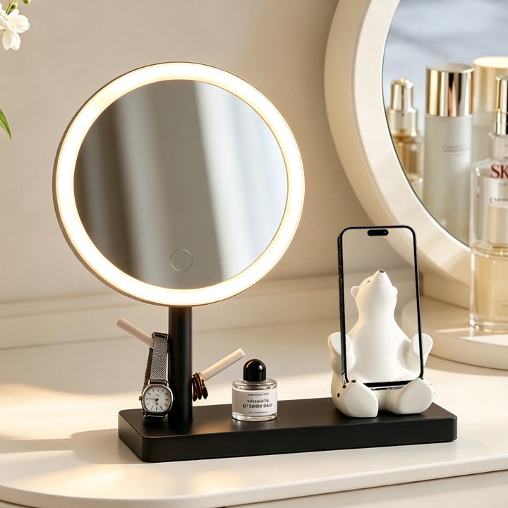 LED cosmetics mirror with phone holder and jewelry holder