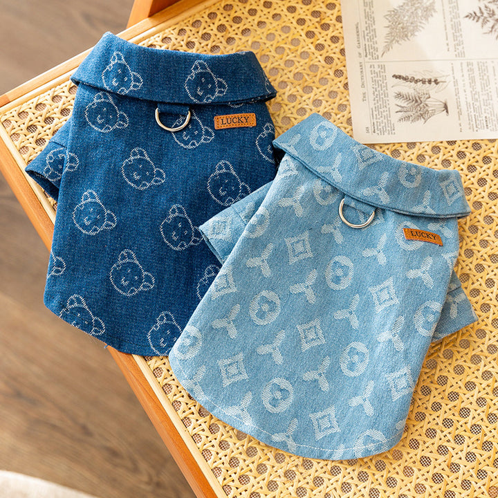 Denim-Dog jacket with leash ring for two front paws