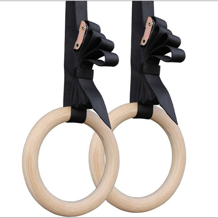 Wooden gymnastics rings with strap