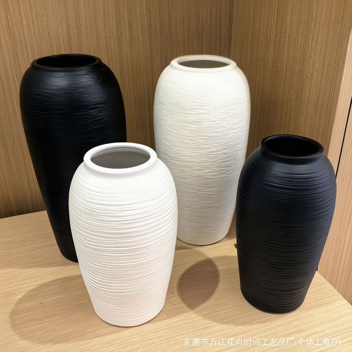 Ceramic flower vase with grooves, modern, white