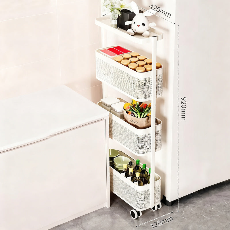 Narrow shelf made of carbon steel, 4 levels, movable