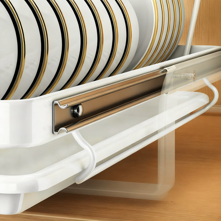 Extendable dish rack for kitchen cabinets
