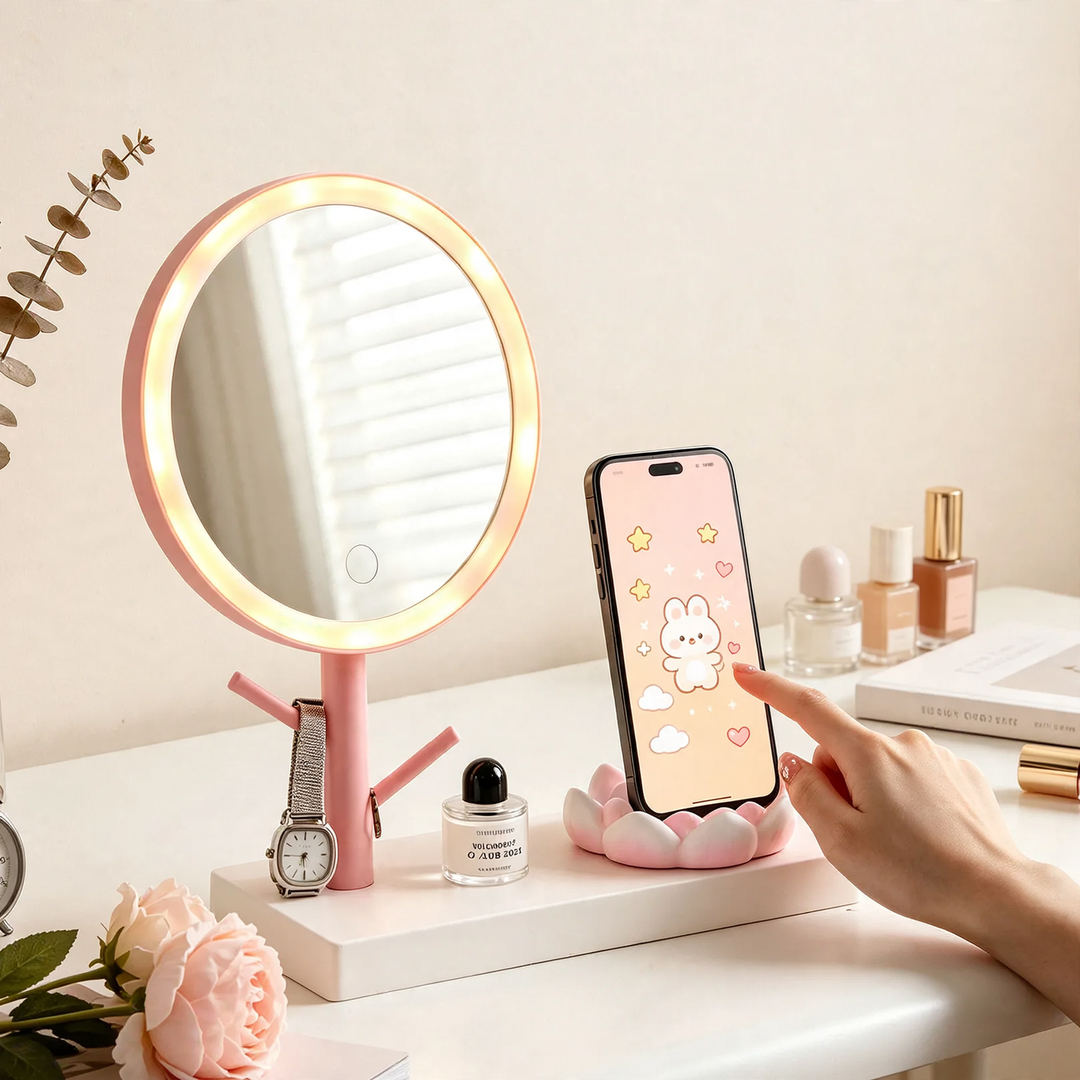 Lotus makeup mirror with phone stand and storage