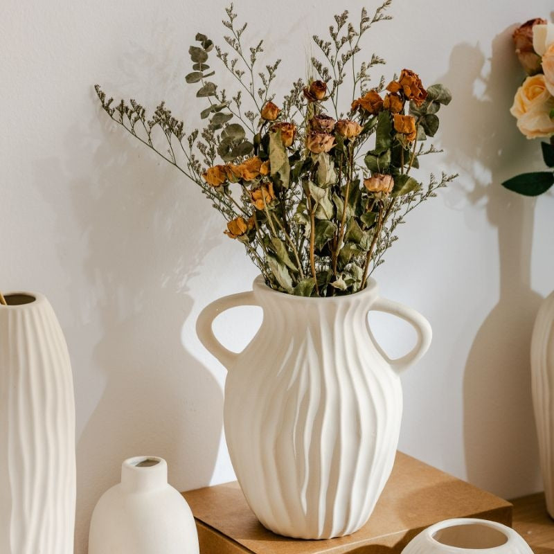 Ceramic flower vase, country house style, woven texture
