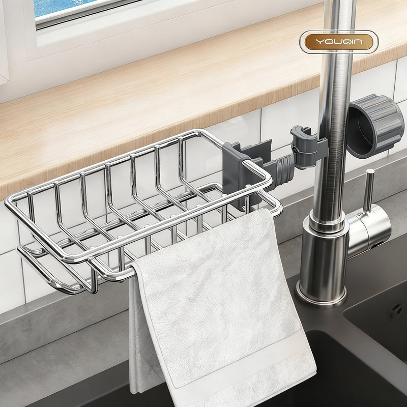 Stainless steel sink and faucet storage basket